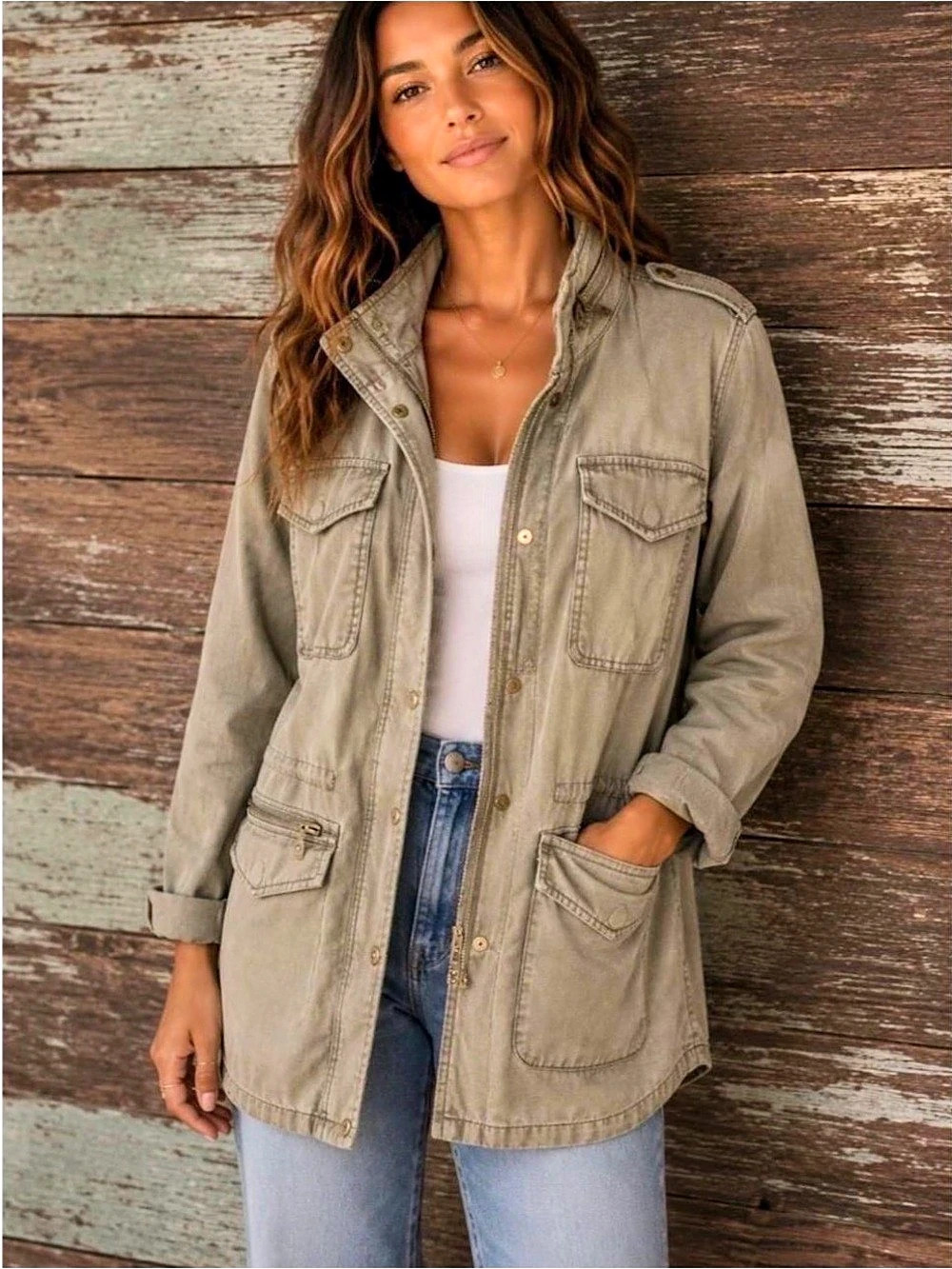 American Eagle Outfitters Olive Green Military Utility Jacket with Optional Hood